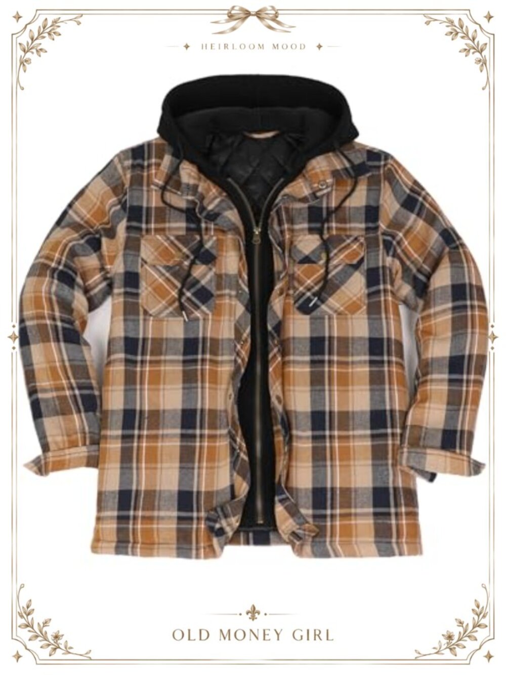 Quilted Lined Hooded Plaid Jacket Cotton Blend Zip Snap Lightweight Winter